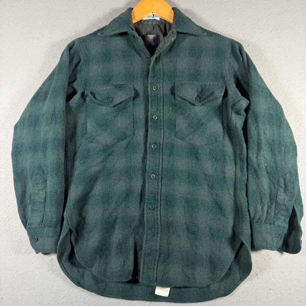 Pendleton OutdoorsMan Green Shadow Plaid Wool Shirt Jacket Mens S Made in USA